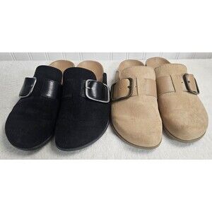 Makalu California Emmaline Boston Mules in black and tan faux suede